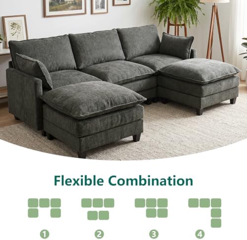 Modular Sectional Sofa, 95" U Shaped Couch, Couches for Living Room | Movable Ottomans, High Resilience Foam, 22" Seat Depth, 2 Layer Cushions, Armrest Pillows, Easy Assembly, Chenille, Dark Gray