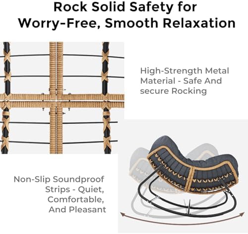 SWITTE Outdoor Rocking Papasan Chair with Thick Cushion, Dark Gray | Oversized Modern Wicker Lounge Rocker with Comfy Cushion, Cozy Egg Chair Steel Frame for Patio, Porch,or Indoor Reading Nook