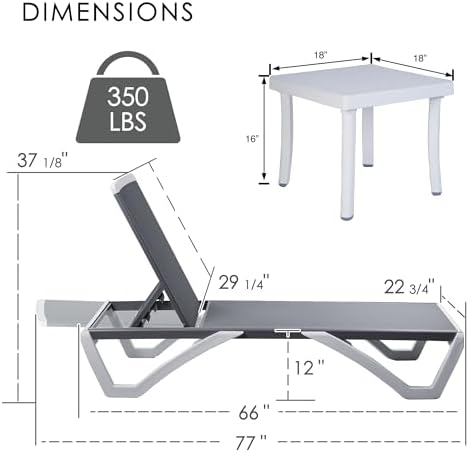 Kozyard 3-Piece Outdoor Chaise Lounge Set Fully Flat Adjustable Lounger | Aluminum Frame & Resin Legs, Textilene Fabric for Poolside, Backyard & Beach Gray, 2 Chairs + Table
