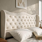 Queen Upholstered Bed Frame, 50-Inch Wingback Headboard, Cream White