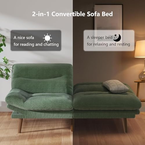 PERLECARE Convertible Futon Sofa Bed, 73" Corduroy Futon Couch with Adjustable Backrest and Armrests, 3-in-1Recliner Sleeper Sofa for Small Spaces, Play Room,Living Room or Office（73in,Green）
