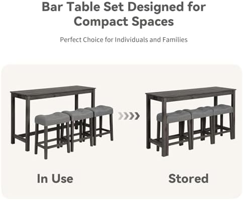 59" Counter Height Bar Table Set with Power Outlet, Industrial Breakfast Table with 3 Padded Stools, 4 Piece Bar Table and Chairs Set for Living Room, Dining Room, Dark Gray