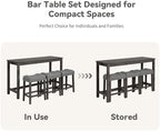 59" Counter Height Bar Table Set with Power Outlet, Industrial Breakfast Table with 3 Padded Stools, 4 Piece Bar Table and Chairs Set for Living Room, Dining Room, Dark Gray