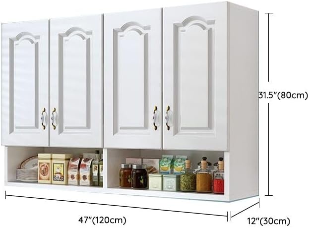 Wall Mounted Kitchen Pantry Storage Cabinet, White Narrow Sideboard Hanging Cabinet Organizer for Bottle, Dish, Bowl, Dining Room, Kitchen, Bathroom (47" L x 12" W x 31.5" H)