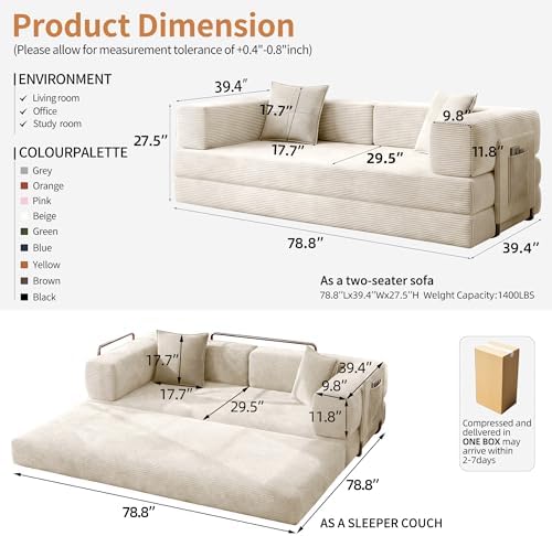 78.8" Couch for Living Room, Futon Sleeper Sofa Bed | Convertible Sofa Bed, Corduroy Pull Out Couch Loveseat with Storage Pocket, Modular Design, No Assembly, White