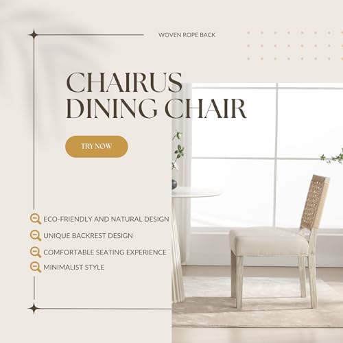 chairus upholstered Dining Chairs Set of 4, Boho Coastal Dining Room Chairs with Natural Woven Rope Back White Gray Washed Wood Leg Modern Farmhouse Wooden Kitchen Side Chairs, Ivory Linen Seat