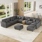 LLappuil 11-Seat Modular Sectional Sofa with Storage, Oversized V-Shaped Corduroy Couch with 10 Throw Pillows, Pet-Friendly Convertible Pit Sofa for Large Living Room, Skin-Friendly, Grey