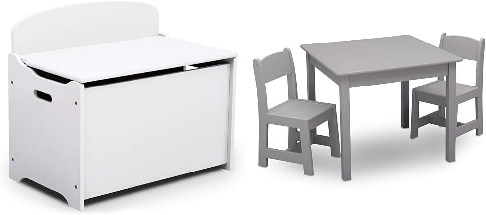 Delta Children MySize Deluxe Toy Box - Greenguard Gold Certified, Bianca White & MySize Kids Wood Table and Chair Set (2 Chairs Included) - Ideal for Arts & Crafts