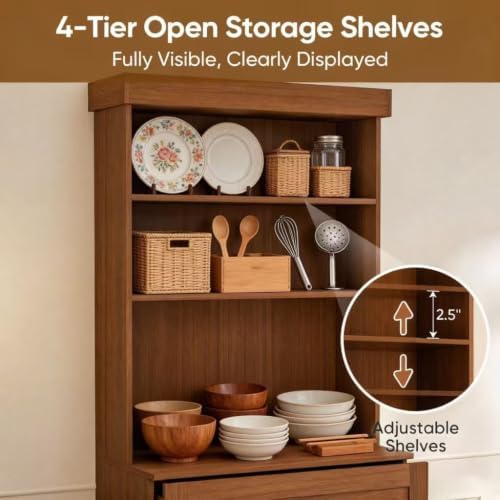71" Farmhouse Kitchen Pantry Cabinet with Drawers, Set of 2 – Dark Brown Freestanding Coffee Bar Hutch with Adjustable Shelves, Large Storage Cabinet with Microwave Stand for Living Room & Kitchen