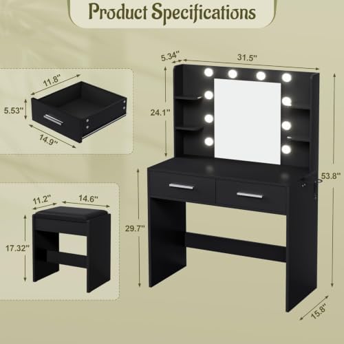 YESHOMY Vanity Desk with Mirror, Makeup Table, Pure Black | 2 Large Drawers, Power Outlet and Round Holder, 3 Color Modes Adjustable Bulb, Bench Included