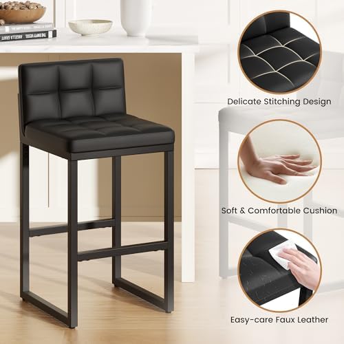 Bar Stools Set of 2, Modern Counter Height Bar Stools, Black | 24" Faux Leather Bar Chairs with Back, Footrest, Sturdy Thickened Metal Leg, Upholstered Counter Stools for Kitchen Island