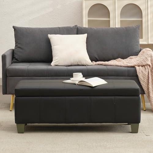 41" Storage Ottoman, Storage Bench with Safety Hinge, Upholstered Synthetic Leather Ottoman Bench for Bedroom, Living Room, Entryway, Hallway, Foot Rest, Support 500lbs, Black
