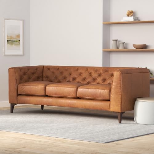 POLY & BARK Essex 89” Full-Grain Italian Leather Sofa – Tufted Back, Feather-Down Comfort, Solid Wood Frame, Cognac Tan