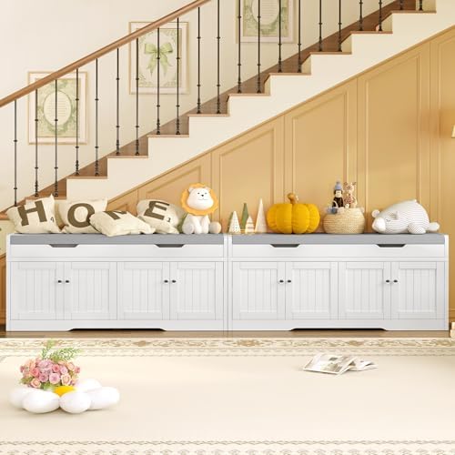 3-Tier Storage Bench, 47.2" Wide Shoe Bench with Lift Top Storage & 2 Adjustable Shelves, Entryway Bench with Padded Seat Cushion, Shoe Cabinet Bench for Entryway, Living Room, Bedroom (White)