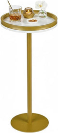 Martini Table, Small Round Drink Table with Weighted Base,Modern White & Gold Pedestal End Table with Tray Top Edge for Small Spaces, Living Room, Next to Sofa,24.7 "Tall