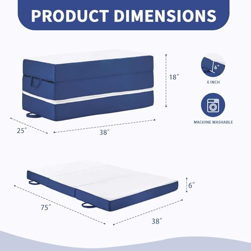 CYMULA Folding Mattress Twin, 6 Inch Memory Foam Tri-Fold Floor Bed and Futon,Twin Topper with Breathable & Washable Cover,Foldable Mattress for Guest Bed, Office Nap,Camping,White，38"x75" 6"