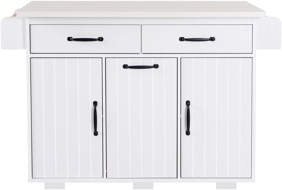 ZOEDO K&K Kitchen Island with Trash Can Storage Cabinet, Kitchen Cart with Drop Leaf, Spice Rack, Towel Rack and Drawer, Rolling Kitchen Island on Wheels with Adjustable Shelf, White