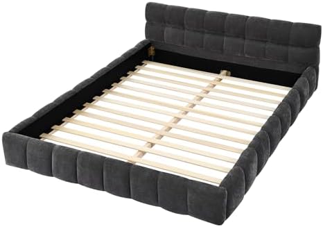 Upholstered Platform Bed Frame, Low Profile Chenille Bed with Headboard, Modern Solid Frame, No Box Spring Needed, Easy Assembly (Dark Grey, Queen (U.S. Standard))