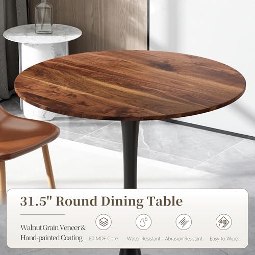31.5 Inch Round Dining Table,Mid-Century Tulip Table with Metal Pedestal Base,Modern Leisure Table for Small Space Kitchen Dining Room,Easy Assembly,Walnut and Black