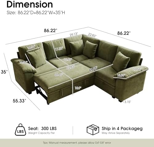 Sectional Sleeper Sofa with Pull Out Bed, 86" L Shaped 5 Seat Couch with 151L Storage, Convertible Cloud Couch Bed, Modular Sectional Couches for Living Room, Apartment (Green)