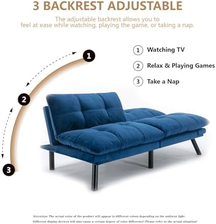 Modern Navy Blue Velvet Convertible Folding Futon Couch Sofa Bed | Adjustable Pillow Top Arm Memory Foam Couch Double Loveseat Sofa for Compact Living Space,Dorm,Game Studio,Apartment,Bedroom