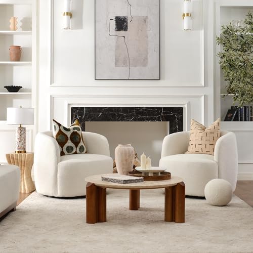 KINWELL 34" W Sherpa Swivel Barrel Chairs with Pillow Set of 2, Cream