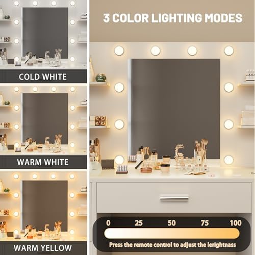 Furmax Vanity Desk with LED Mirror,Power Outlet,7 Drawers Makeup Table | LED Lighted Mirror & Built-in Outlet,7 Drawers and 6 Shelves,Organized Makeup Storage for Bedroom,White