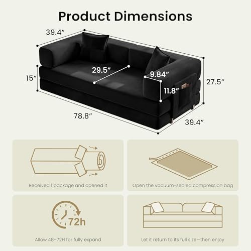 78.8" Convertible Futon Sofa Bed, Couch for Living Room | Corduroy Loveseat Sleeper Sofa, Modular Futon Couch with Storage Pocket, Pull Out Couch No Assembly | Black