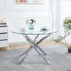 Henf 7 Piece Round Dining Table Set with 6 Upholstered Chairs, 47'' Glass Round Kitchen Table Set for 6, X-Shape Metal Legs, Modern Silver Glass Dining Table and Chair Set for 6