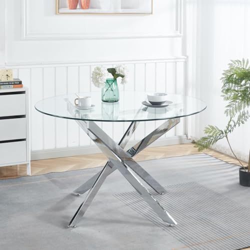 Henf 7 Piece Round Dining Table Set with 6 Upholstered Chairs, 47'' Glass Round Kitchen Table Set for 6, X-Shape Metal Legs, Modern Silver Glass Dining Table and Chair Set for 6