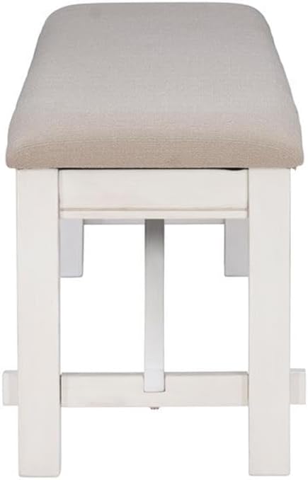Pemberly Row 60" Wood/Fabric Bench, Smokey White Finish, Beige Upholstery, Transitional Style, Stain-Resistant Seat, Durable Construction, Comfortable Seating for Kitchen or Dining Room