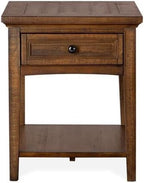 BOWERY HILL Traditional Rectangular End Table, Toasted Nutmeg Finish, 24" H x 20" W x 26" D, Solid Wood with 1 Drawer and Fixed Bottom Shelf, Aged Bronze Hardware, Living Room or Bedroom Side Table