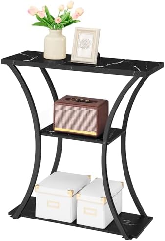 Hoctieon 3 Tier Console Table with Open Wood Shelves, Decorative Entryway Table with Curved Metal Frames, Narrow Sofa Table for Entrance, Living Room, Hallway, Black Marbled