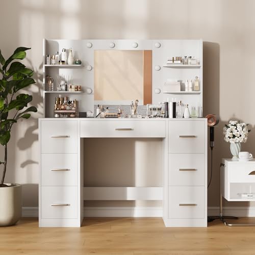 Furmax Vanity Desk with LED Mirror,Power Outlet,7 Drawers Makeup Table | LED Lighted Mirror & Built-in Outlet,7 Drawers and 6 Shelves,Organized Makeup Storage for Bedroom,White