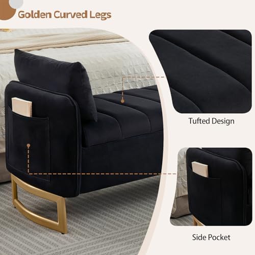 66" End of Bed Storage Bench King Size, Storage Benches for Bedroom, Black | Velvet Upholstered Foot of Bed Bench, Storage Ottoman Benches with Golden Legs, Pillows and Side Pockets for Window, Entryway