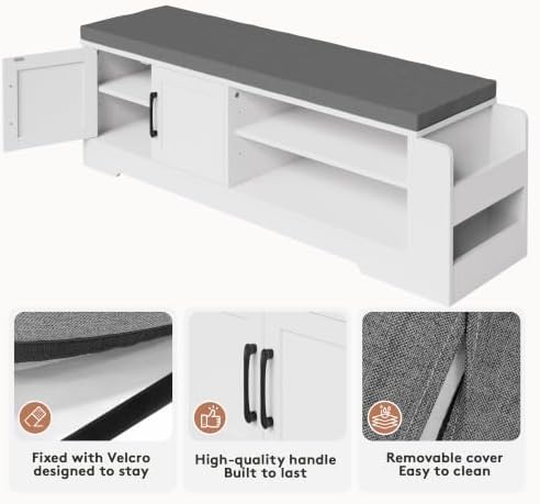 Farmhouse Shoe Storage Bench with 3-in-1 Entryway Storage & Padded Seat | 47.3" Wide Entryway Bench with Adjustable Shelves, Shoe Organizer & Side Storage Rack for Living Room, Bedroom, White
