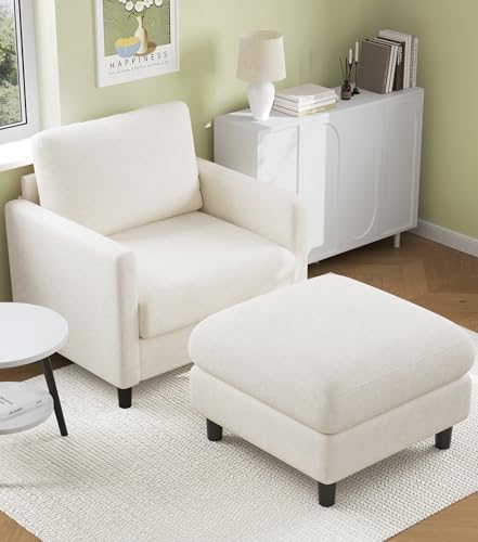 Welzona Sofa Accent Chair with Ottoman, 33" Teddy Reading Chair and Ottoman | Comfy Teddy Fabric, Tool-free Setup, Washable Covers, All-wood Chair and Ottoman Sets for Living Room, Bedroom, Beige
