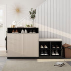 Modern Storage Cabinet with Shoe Bench, 2 Doors and 3-Tier Adjustable Shelves, Entryway Bench with 4 Open Shoe Racks and Removeble Cushion, Console Table with Wavy Slatted Door and Hooks (Beige+Black)