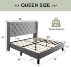 Feonase Queen Bed Frame with Upholstered Wingback Headboard, Platform Bed and Heavy Duty Wooden Slats Support, Easy Assembly, Noise-Free, No Box Spring Needed, Light Gray