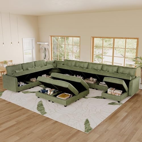 LLappuil 14-Seat Modular Sectional Sofa with Storage, 163" Oversized U-Shaped Corduroy Couch with 10 Throw Pillows, Pet-Friendly Convertible Pit Sofa for Large Spaces, Skin-Friendly, Green
