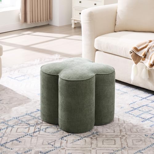 Zesthouse Flower Pouf Ottomans Foot Rest Set of 2, Linen Poofy Ottomans | Large Ottoman Footstool for Couch, Modern Living Room Stool Seat, Cute Square Vanity Stool for Bedroom, Green Dorm Foot Stool