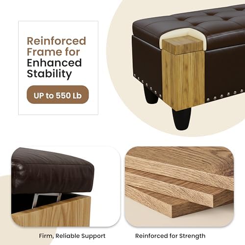 Simple Deluxe Ottoman with Storage Bench Chair, 28.5" L x 19.5" W x 17.5" H Foot Rest Stools with Synthetic Leather,Ottoman Storage Chest Box with Padded Seat for Bedroom, Living Room, Entryway,Brown