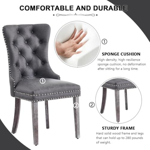 Leather Dining Chairs, Upholstered Dining Room Chairs, Grey, Set of 6 | Dining Chairs Set of 6, Leather Fabric, High Wing Back, Metal Pull Ring, Wood Frame, Mid Century Modern