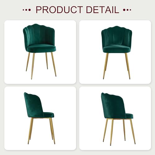 VECELO Velvet Dining Chairs Set of 2, Modern Upholstered Kitchen Chairs with Thick Cushions, Curved Padded Backrest and Metal Legs, for Kitchen, Dining Room, Living Room, Green