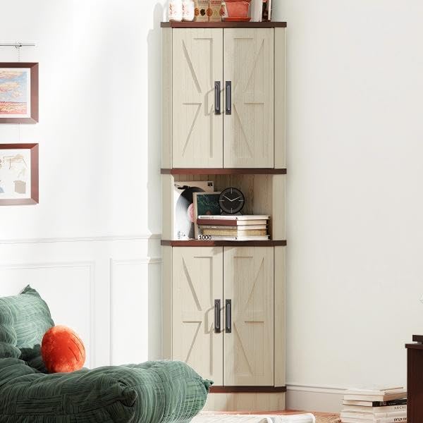 68.5" Tall Farmhouse Corner Cabinet with 4 Doors and 5 Storage Shelves, Farmhouse Storage Cabinet with Barn Door Design, Home Space Saver for Living Room, Kitchen