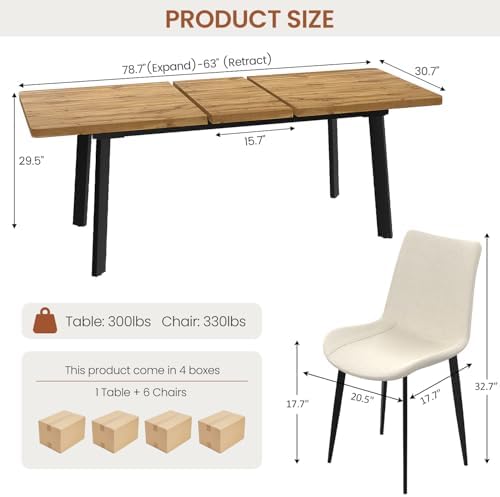 63"-78.7" Expandable Dining Room Table Set for 4-8 People, Walnut | Removable Extension Leaf, Durable MDF Rectangle Top, 6 Beige Sleek Faux Leather Chairs, Heavy Duty Modern Kitchen Table Set