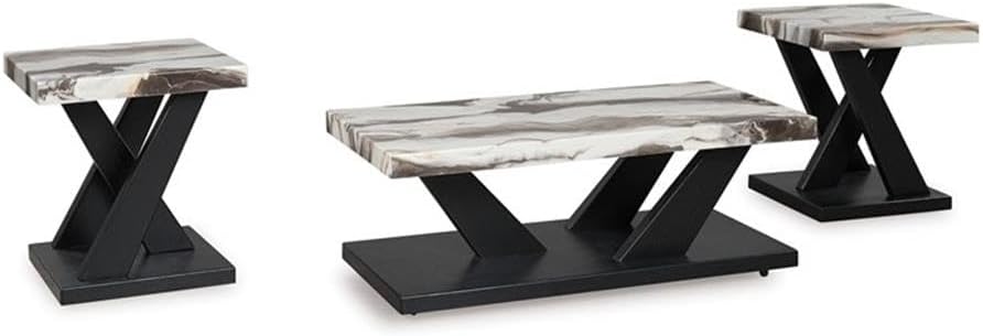 BOWERY HILL Coffee Table Set, 3-Piece, Faux White Marble Tops, Black Wood Frames, Built-in Casters, Includes 1 Coffee Table and 2 End Tables, Contemporary Living Room Furniture Set
