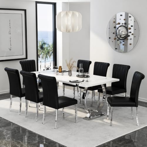 Asday Black and Silver Dining Chairs Set of 2, Modern Faux Leather Upholstered Dining Room Chairs with High Back and Metal Chrome Legs for Kitchen, Living Room, Restaurant, Apartment