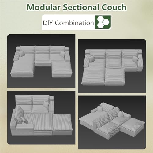 107" Cloud Couch Modular Sectional Sofa for Living Room, U-Shape Couch with Deep Seat, Modern Corduroy 3-Seater with Ottoman, No Assembly Required (Green,Left-Facing Chaise)
