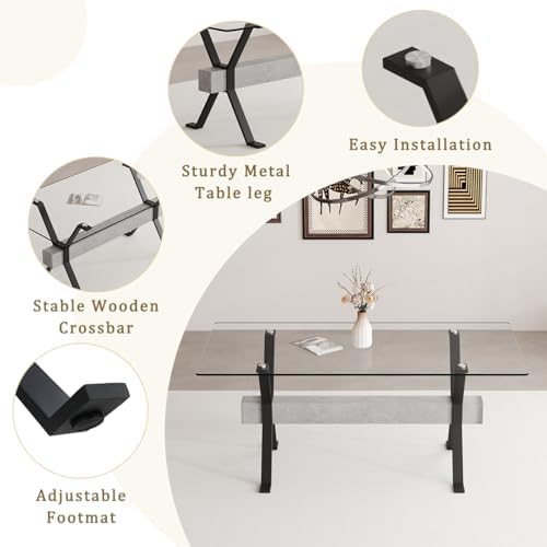 Glass Dining Table 71"｜Modern Dining Table for 6｜0.4" Thick Tempered Glass Top｜Matte Black Metal Legs｜Grey Crossbar｜Easy Assembly｜Perfect for Dining Room or Kitchen